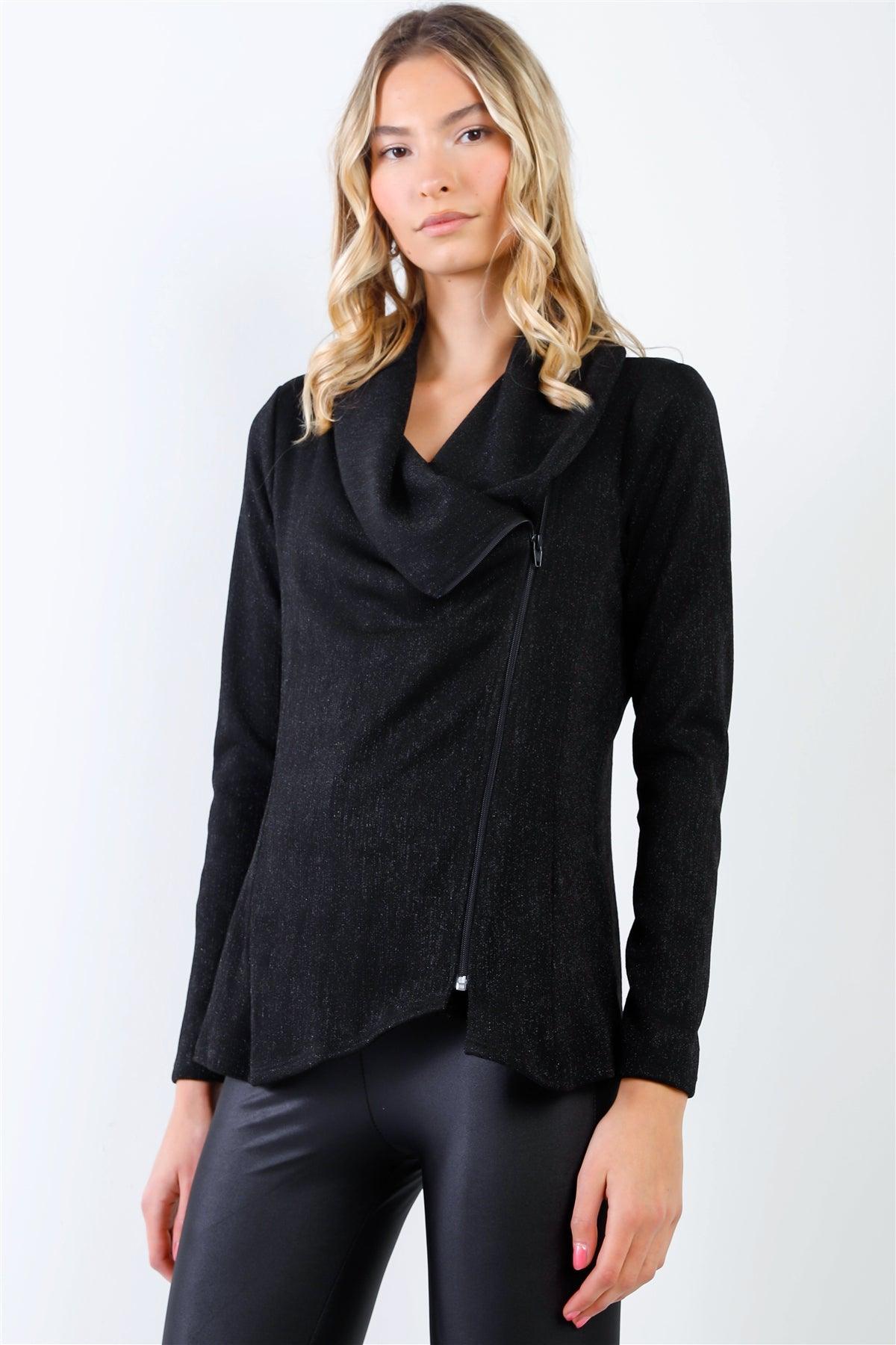 Black Lurex Draped Collar Side Zip Up Lightweight Jacket /2-2-3