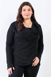 Junior Plus Black Lurex Draped Collar Side Zip Up Lightweight Jacket /2-2-2 - Tasha Apparel Wholesale