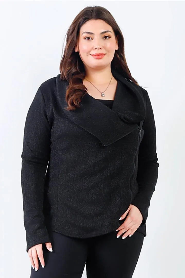 Junior Plus Black Lurex Draped Collar Side Zip Up Lightweight Jacket /2-2-2 - Tasha Apparel Wholesale