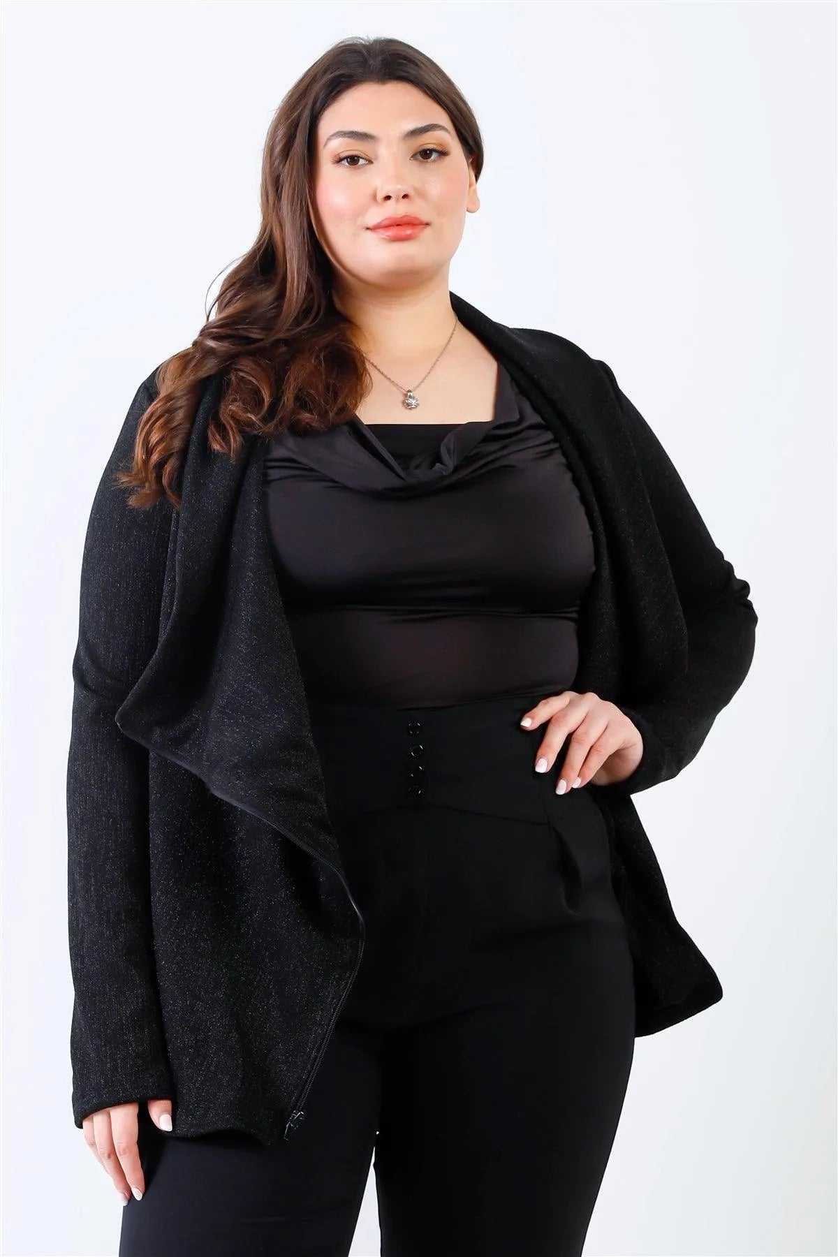 Junior Plus Black Lurex Draped Collar Side Zip Up Lightweight Jacket /2-2-2 - Tasha Apparel Wholesale