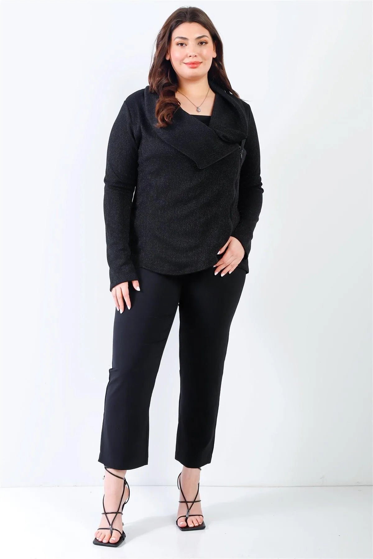 Junior Plus Black Lurex Draped Collar Side Zip Up Lightweight Jacket /2-2-2 - Tasha Apparel Wholesale