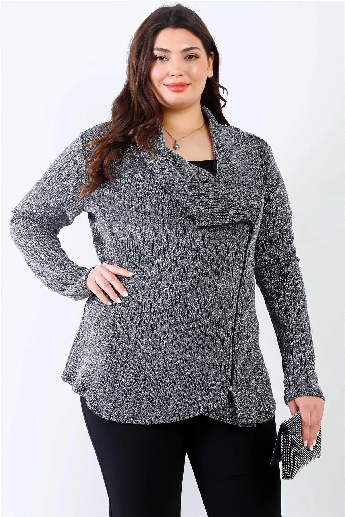 Junior Plus Silver Lurex Draped Collar Side Zip Up Lightweight Jacket /2-2-2 - Tasha Apparel Wholesale