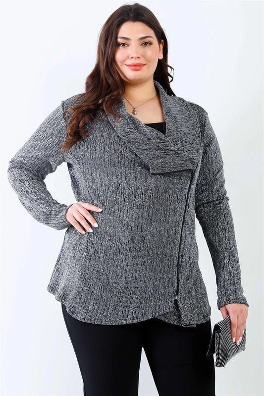 Junior Plus Silver Lurex Draped Collar Side Zip Up Lightweight Jacket /2-2-2 - Tasha Apparel Wholesale