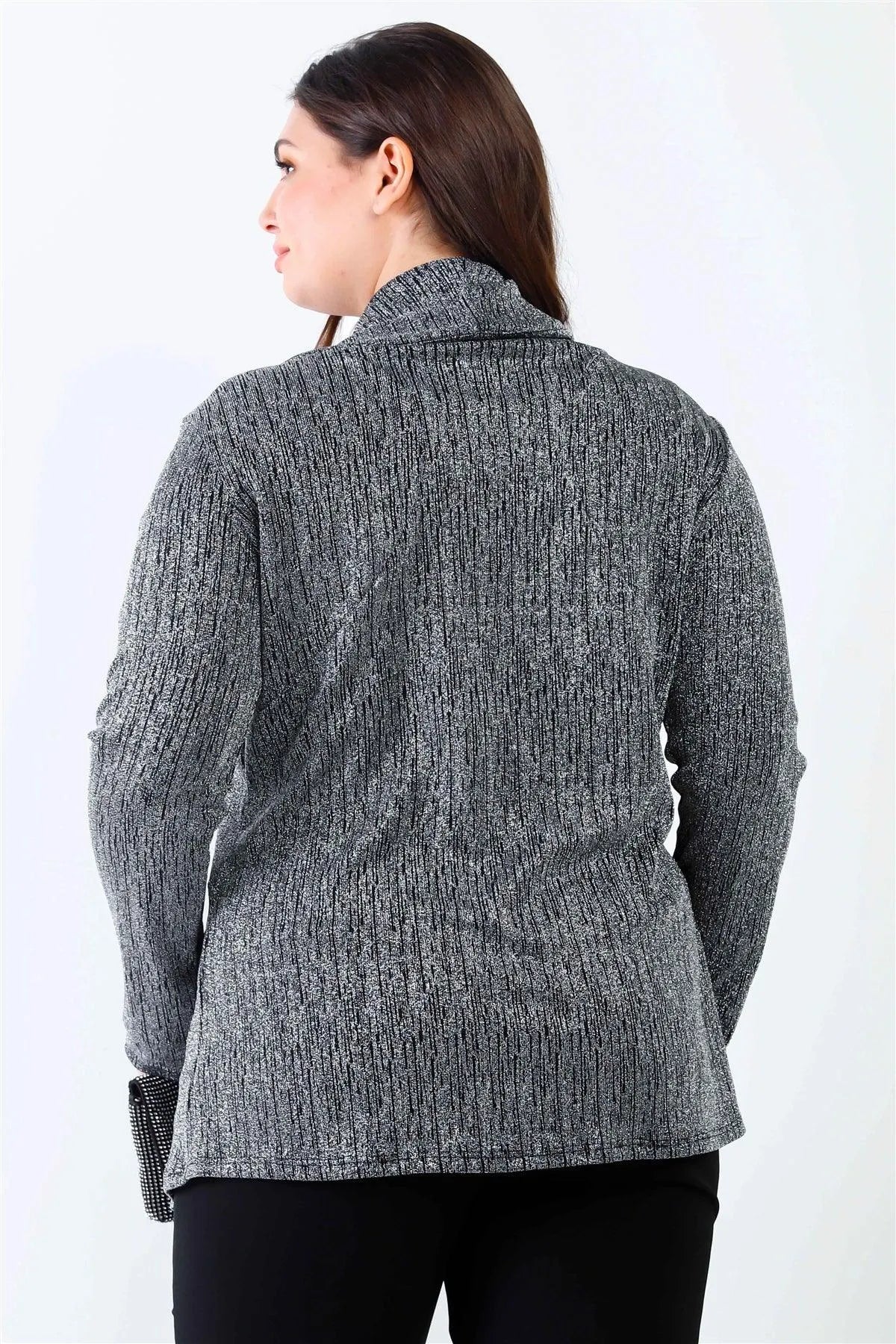 Junior Plus Silver Lurex Draped Collar Side Zip Up Lightweight Jacket /2-2-2 - Tasha Apparel Wholesale