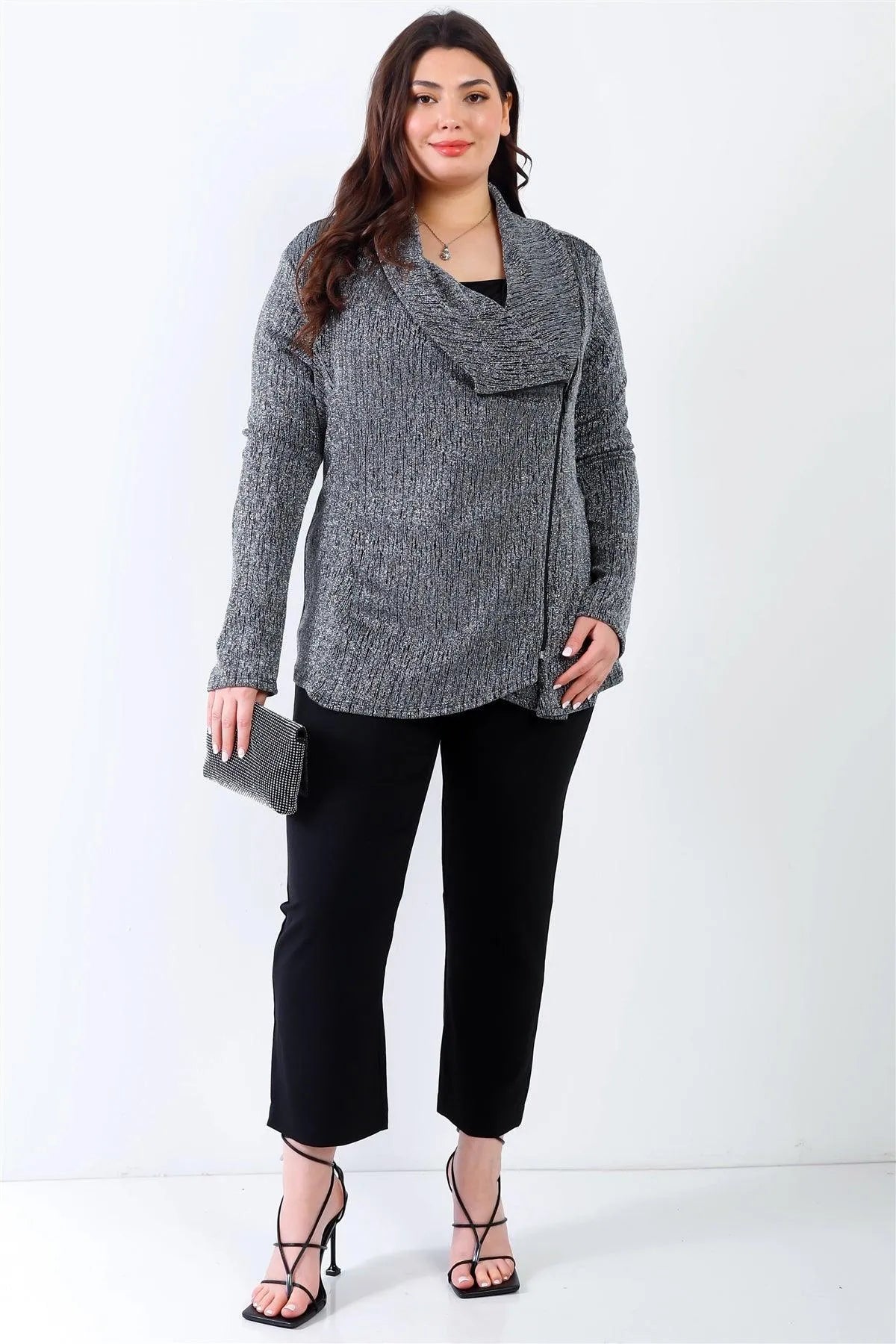 Junior Plus Silver Lurex Draped Collar Side Zip Up Lightweight Jacket /2-2-2 - Tasha Apparel Wholesale