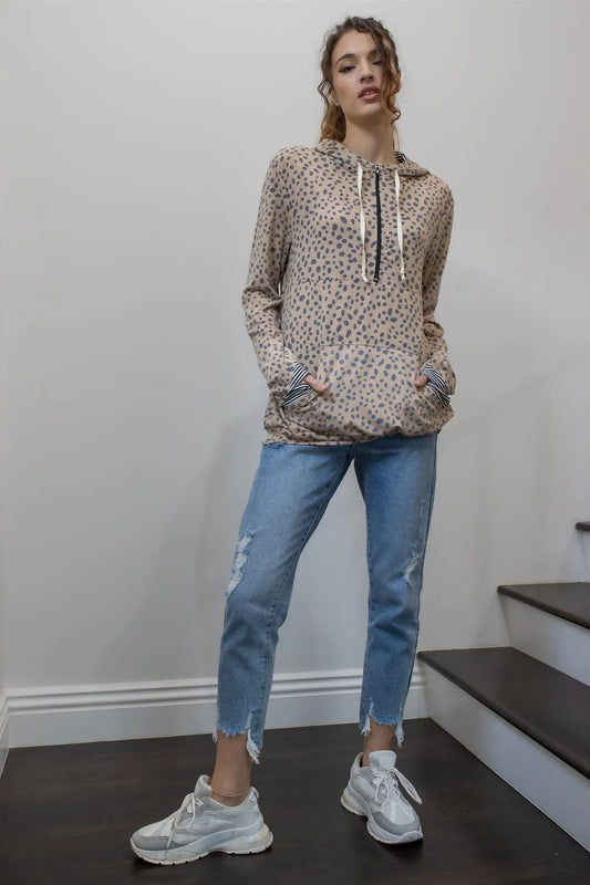 Leopard Print Long Sleeve Stripped Lined Hooded Zip Up Hoodie Top - Tasha Apparel Wholesale