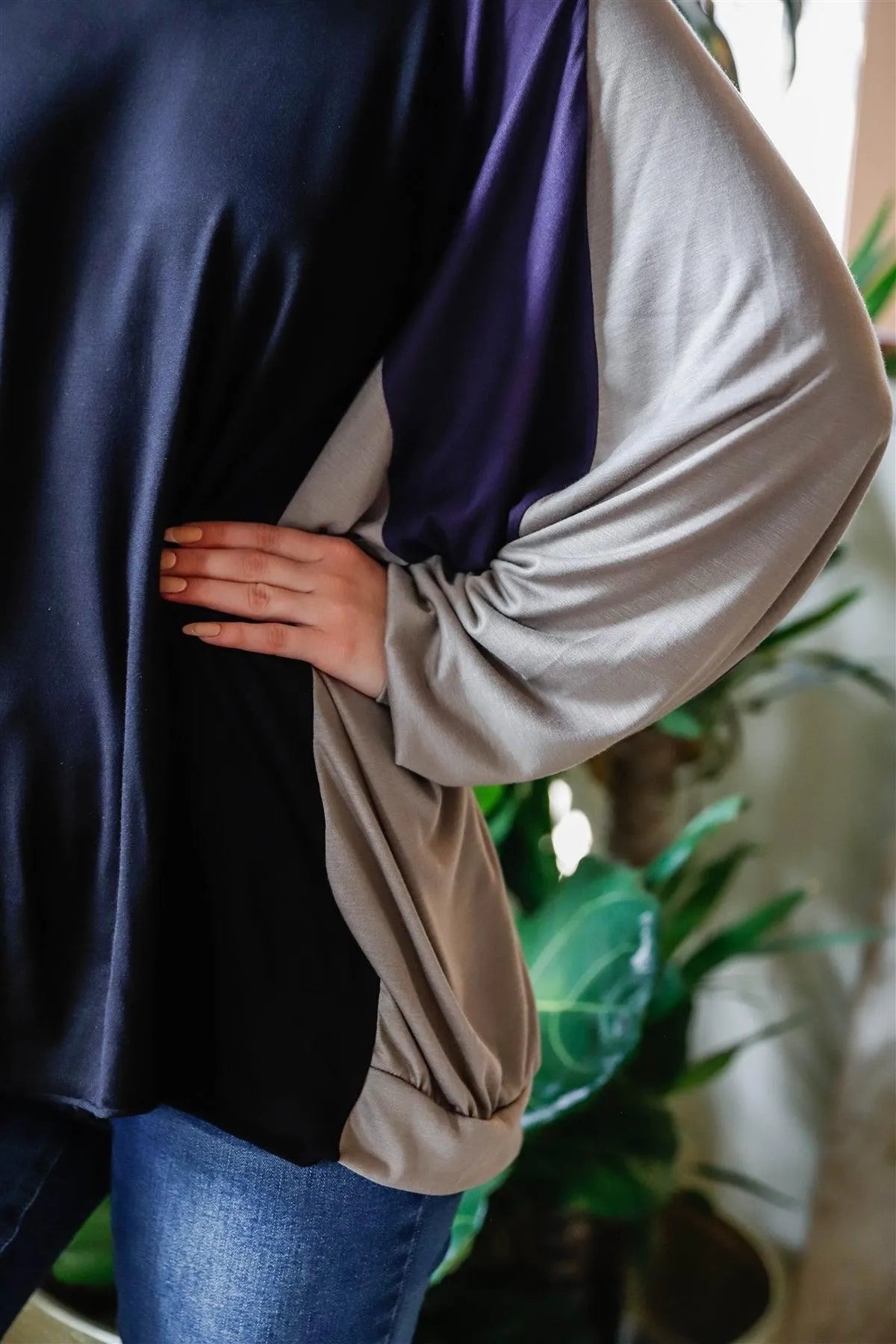 Black & Purple Colorblock Dolman Sleeve Oversized Top /2-2-2 - Tasha Apparel Wholesale