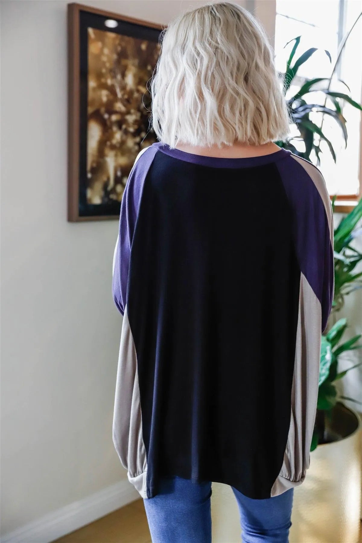 Black & Purple Colorblock Dolman Sleeve Oversized Top - Tasha Apparel Wholesale