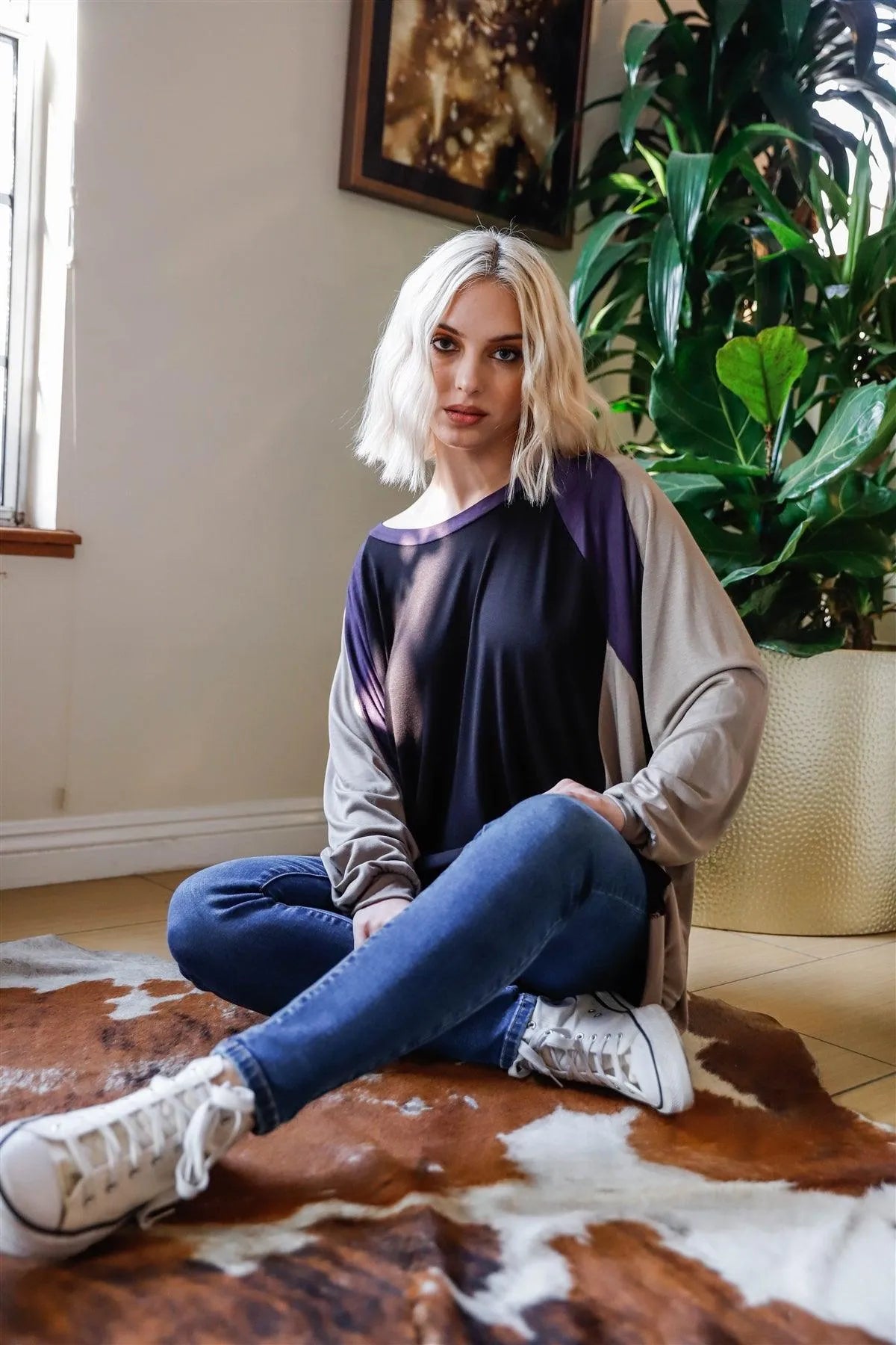 Black & Purple Colorblock Dolman Sleeve Oversized Top - Tasha Apparel Wholesale