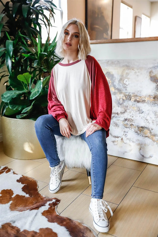 Stone & Burgundy Colorblock Dolman Sleeve Oversized Top /2-2-2 - Tasha Apparel Wholesale