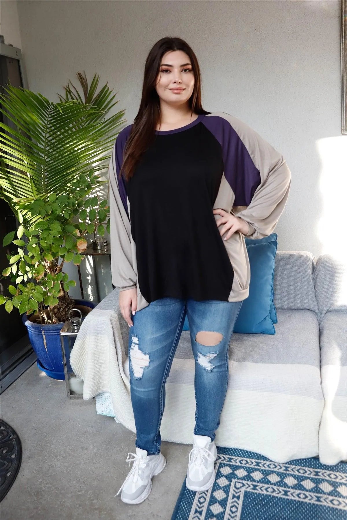 Plus Size Black & Purple Colorblock Dolman Sleeve Oversized Top - Tasha Apparel Wholesale