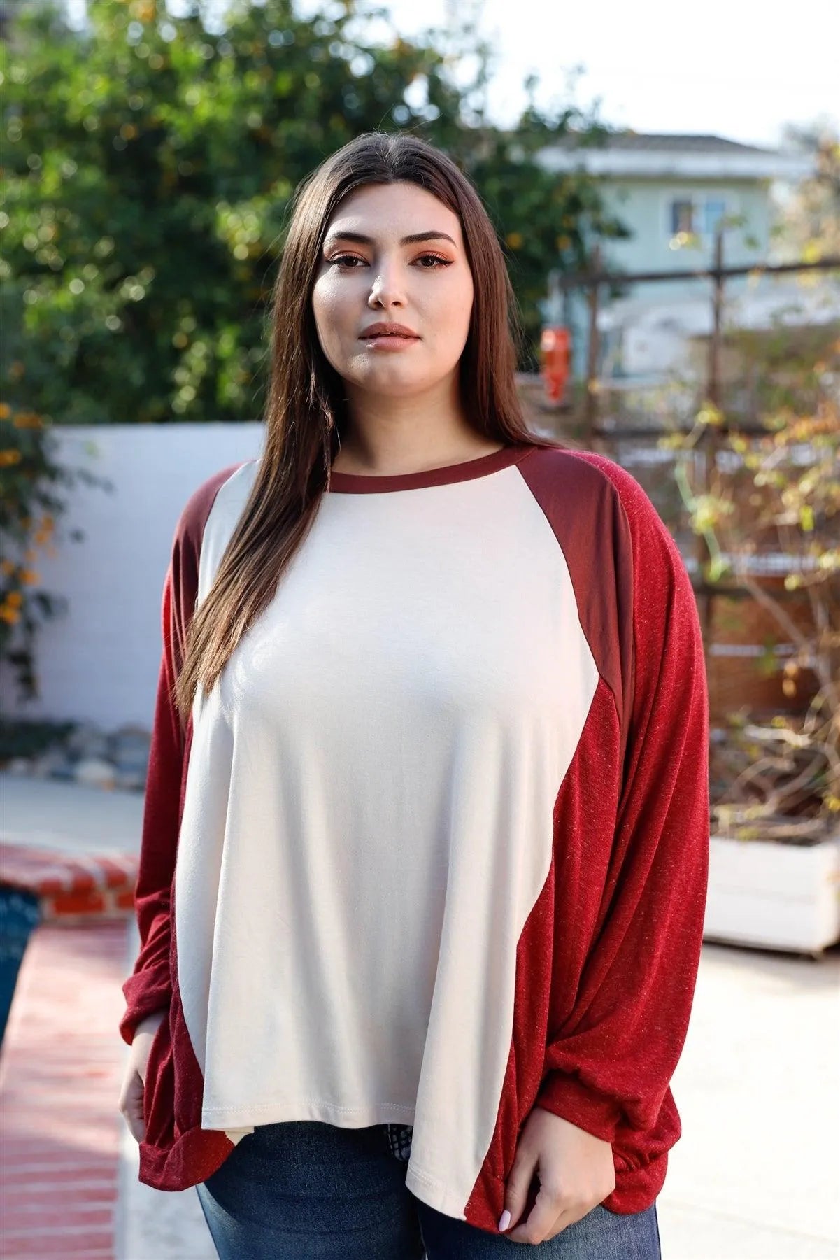 Junior Plus Stone & Burgundy Colorblock Dolman Sleeve Oversized Top /2-2-2 - Tasha Apparel Wholesale
