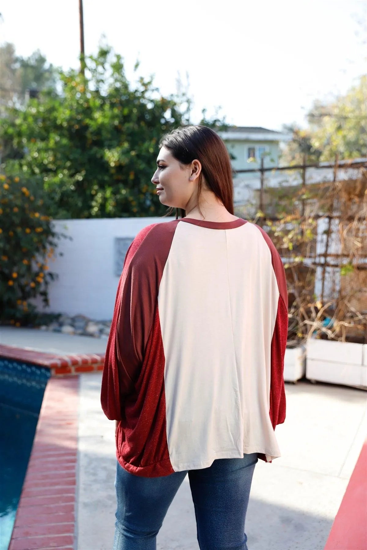 Junior Plus Stone & Burgundy Colorblock Dolman Sleeve Oversized Top /2-2-2 - Tasha Apparel Wholesale