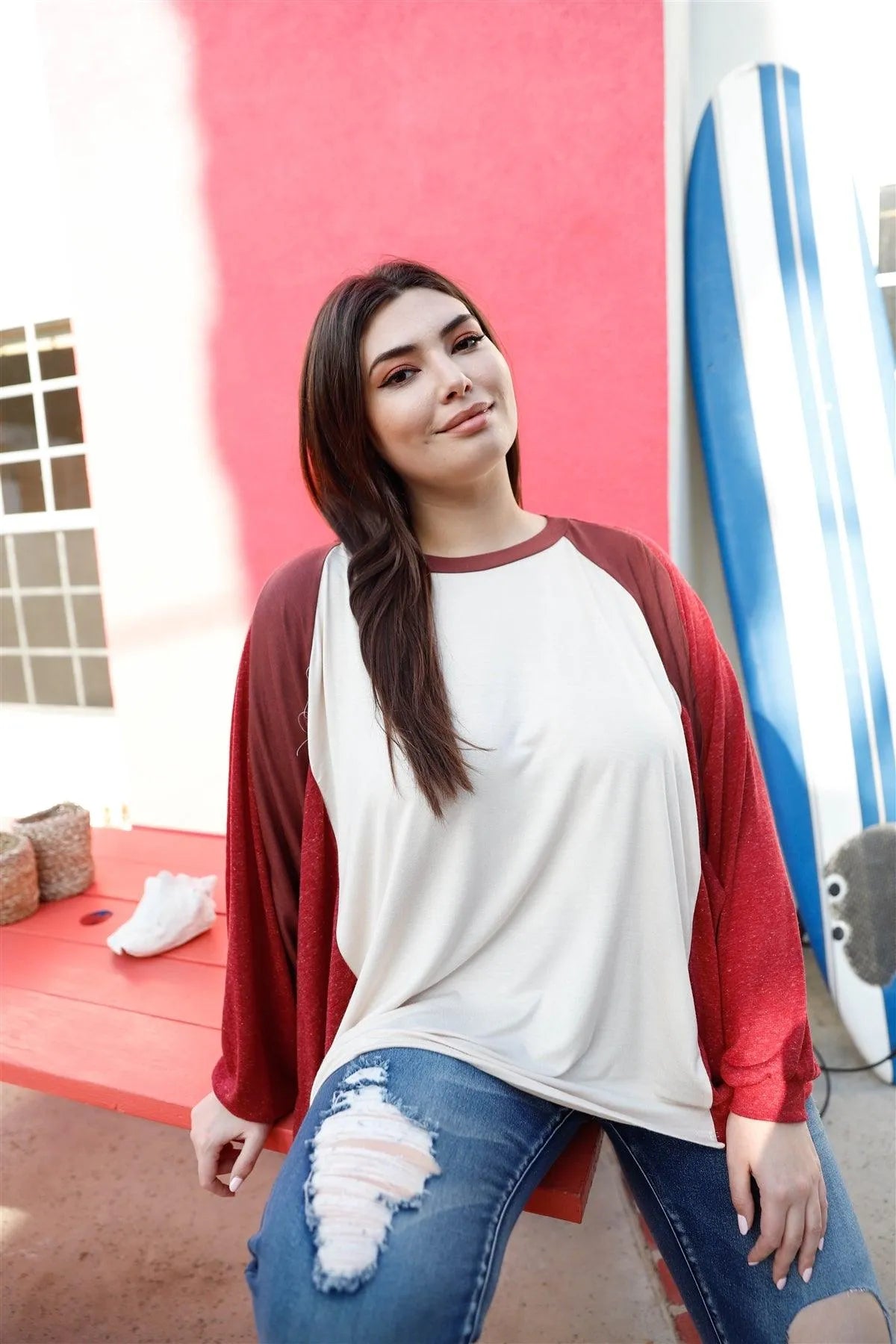 Junior Plus Stone & Burgundy Colorblock Dolman Sleeve Oversized Top /2-2-2 - Tasha Apparel Wholesale