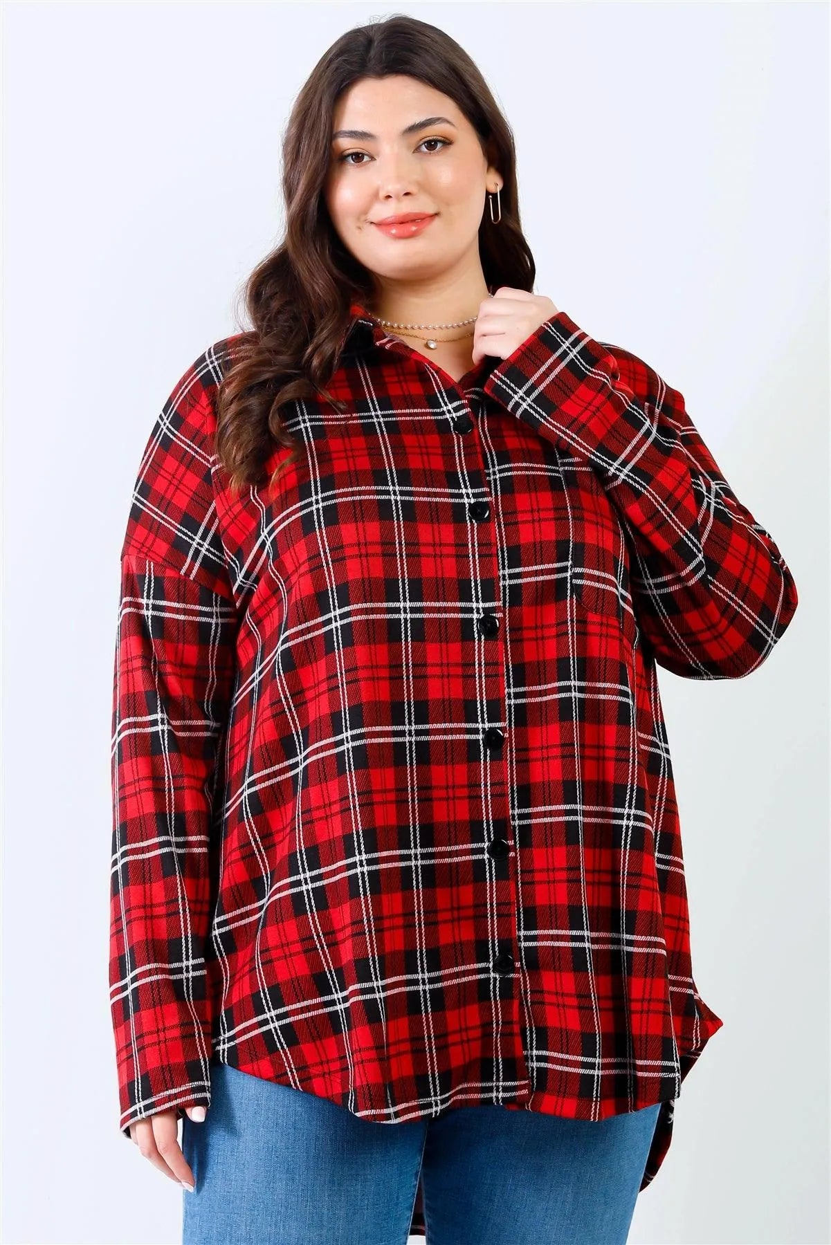 Junior Plus Black & Red Plaid Collared Button Up Shirt Top /2-2-2 - Tasha Apparel Wholesale