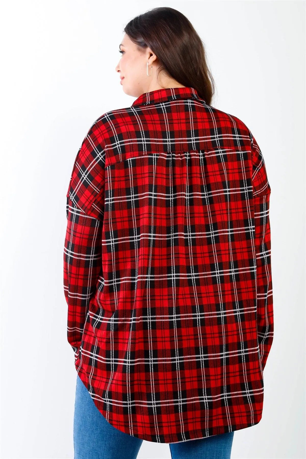 Junior Plus Black & Red Plaid Collared Button Up Shirt Top /2-2-2 - Tasha Apparel Wholesale