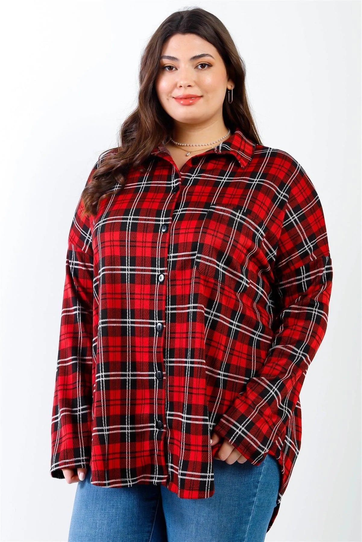Junior Plus Black & Red Plaid Collared Button Up Shirt Top /2-2-2 - Tasha Apparel Wholesale