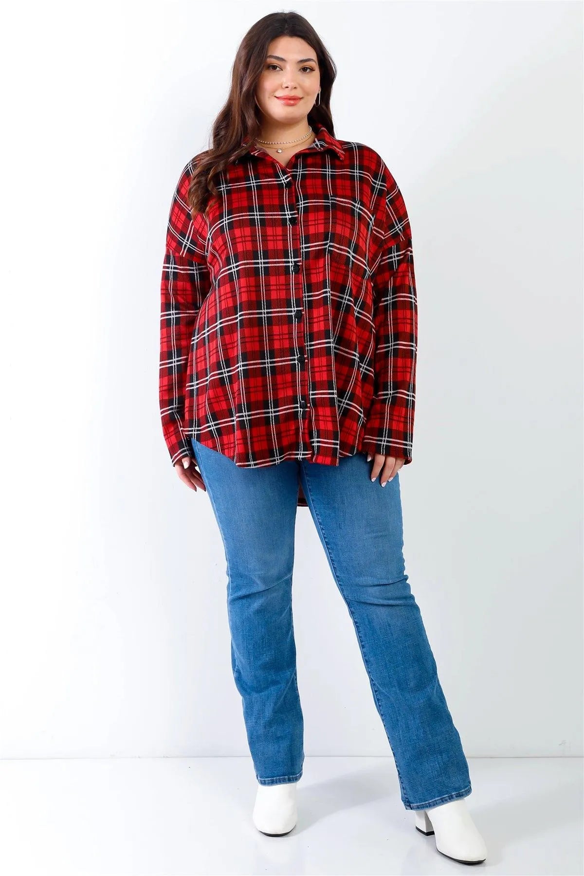 Junior Plus Black & Red Plaid Collared Button Up Shirt Top /2-2-2 - Tasha Apparel Wholesale