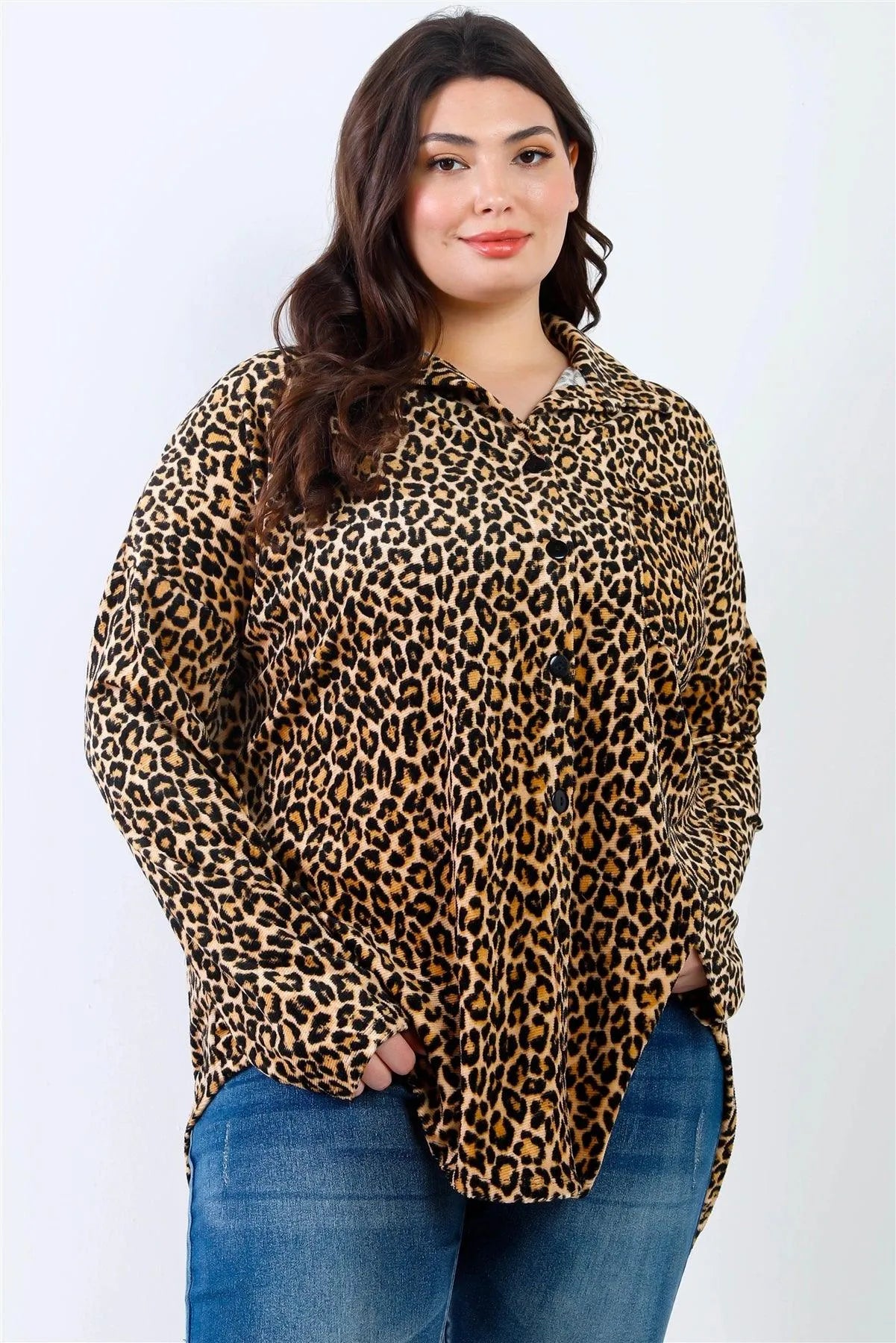 Junior Plus Stone & Black Leopard Print Velvet Collared Button Up Shirt Top /2-2-2 - Tasha Apparel Wholesale