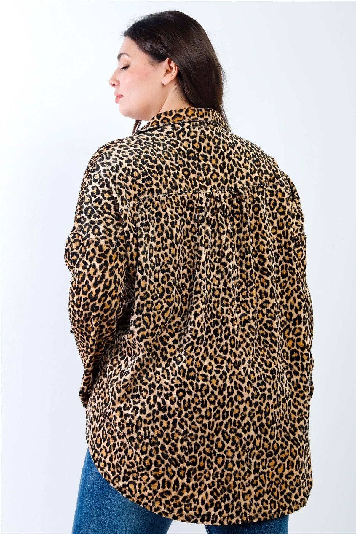 Junior Plus Stone & Black Leopard Print Velvet Collared Button Up Shirt Top /2-2-2 - Tasha Apparel Wholesale