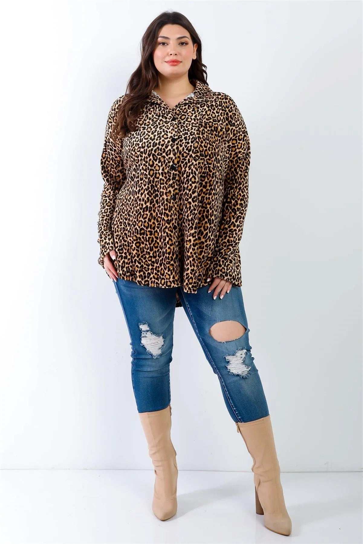 Junior Plus Stone & Black Leopard Print Velvet Collared Button Up Shirt Top /2-2-2 - Tasha Apparel Wholesale