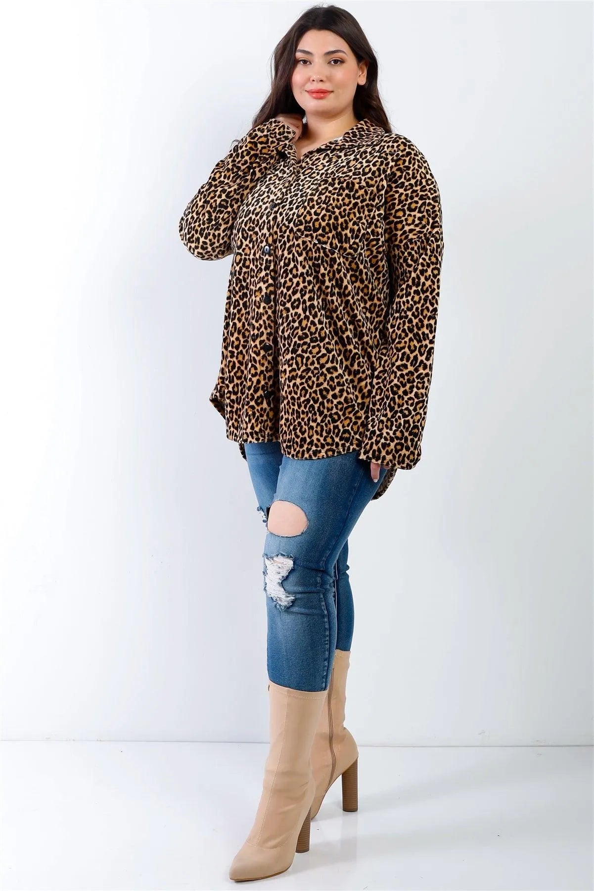 Junior Plus Stone & Black Leopard Print Velvet Collared Button Up Shirt Top /2-2-2 - Tasha Apparel Wholesale