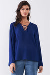 Deep Blue Long Sleeve Lace-Up Front V-Neck Detail Relaxed Blouse Top /1-1-2 - Tasha Apparel Wholesale