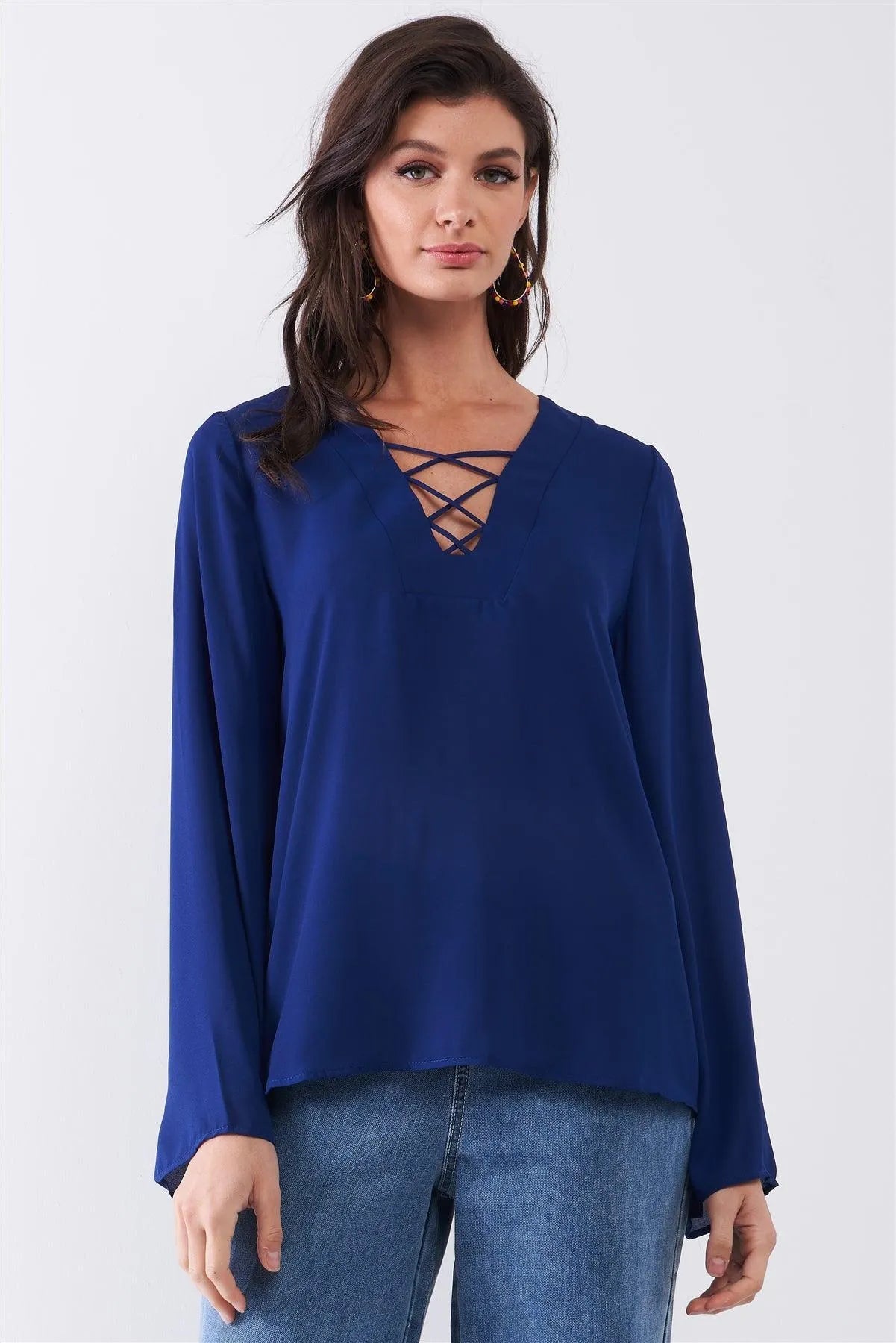 Deep Blue Long Sleeve Lace-Up Front V-Neck Detail Relaxed Blouse Top /1-1-2 - Tasha Apparel Wholesale