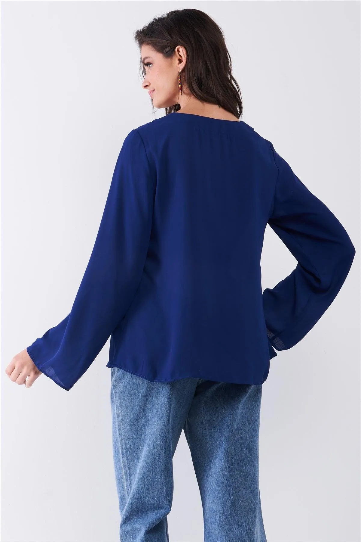 Deep Blue Long Sleeve Lace-Up Front V-Neck Detail Relaxed Blouse Top /1-1-2 - Tasha Apparel Wholesale