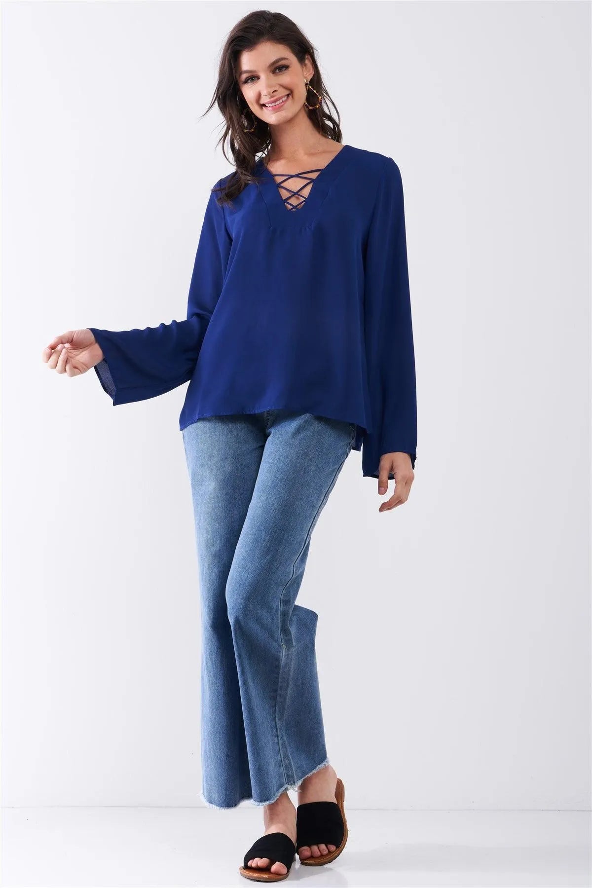 Deep Blue Long Sleeve Lace-Up Front V-Neck Detail Relaxed Blouse Top /1-1-2 - Tasha Apparel Wholesale