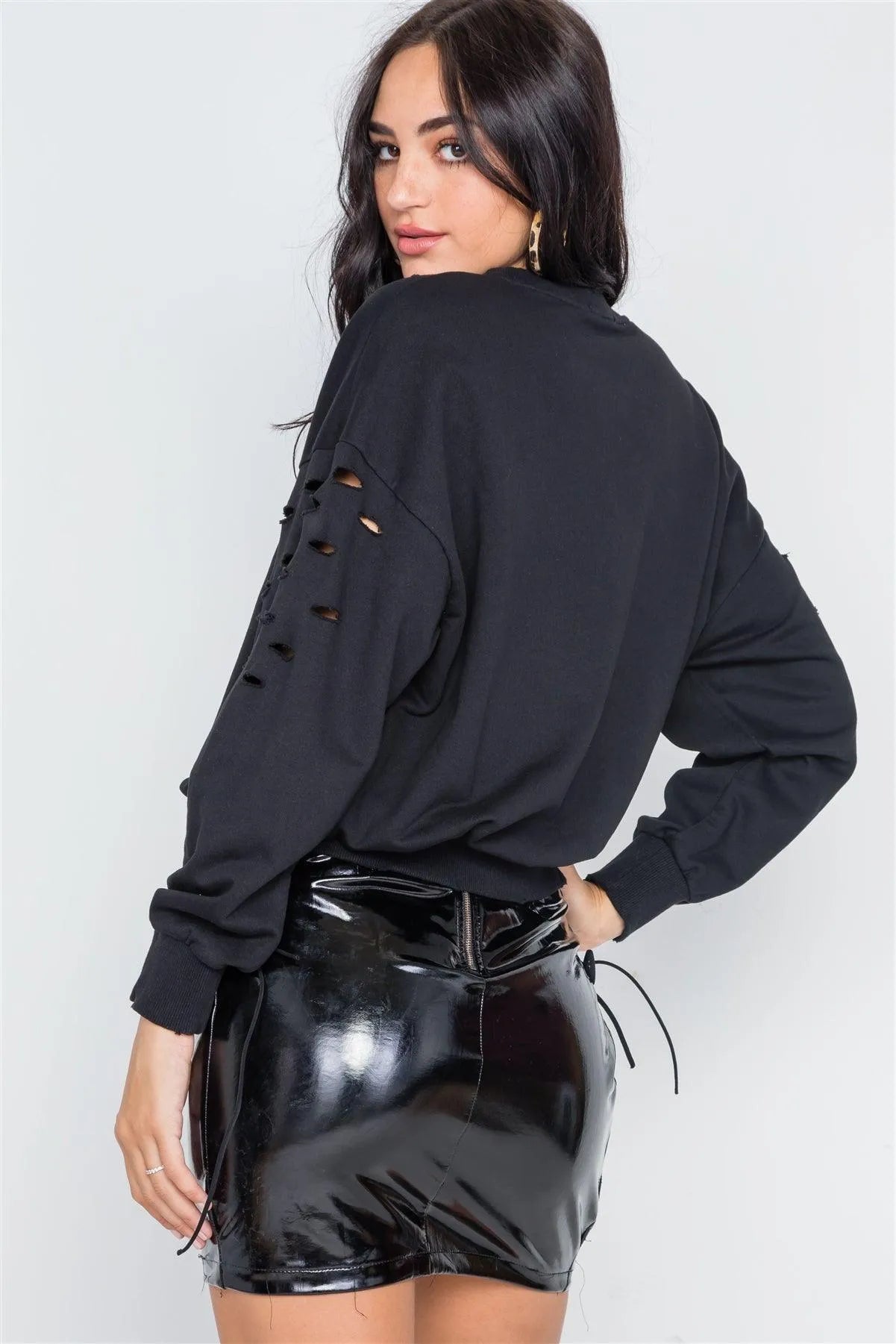 Black Distressed Long Sleeve Sweater /1-2-2-1 - Tasha Apparel Wholesale