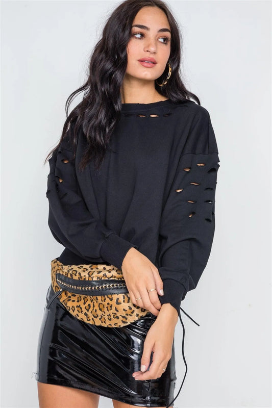 Black Distressed Long Sleeve Sweater /1-2-1-2 - Tasha Apparel Wholesale