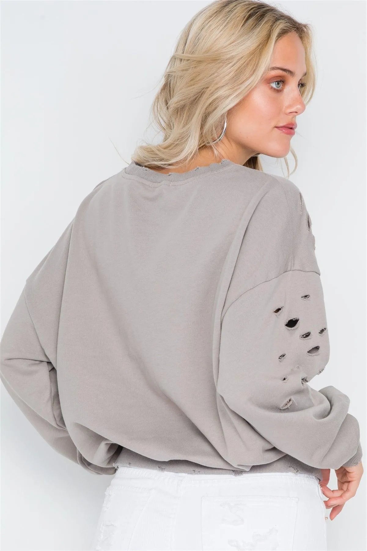 Elephant Skin Grey Distressed Long Sleeve Sweater /2-2-2 - Tasha Apparel Wholesale