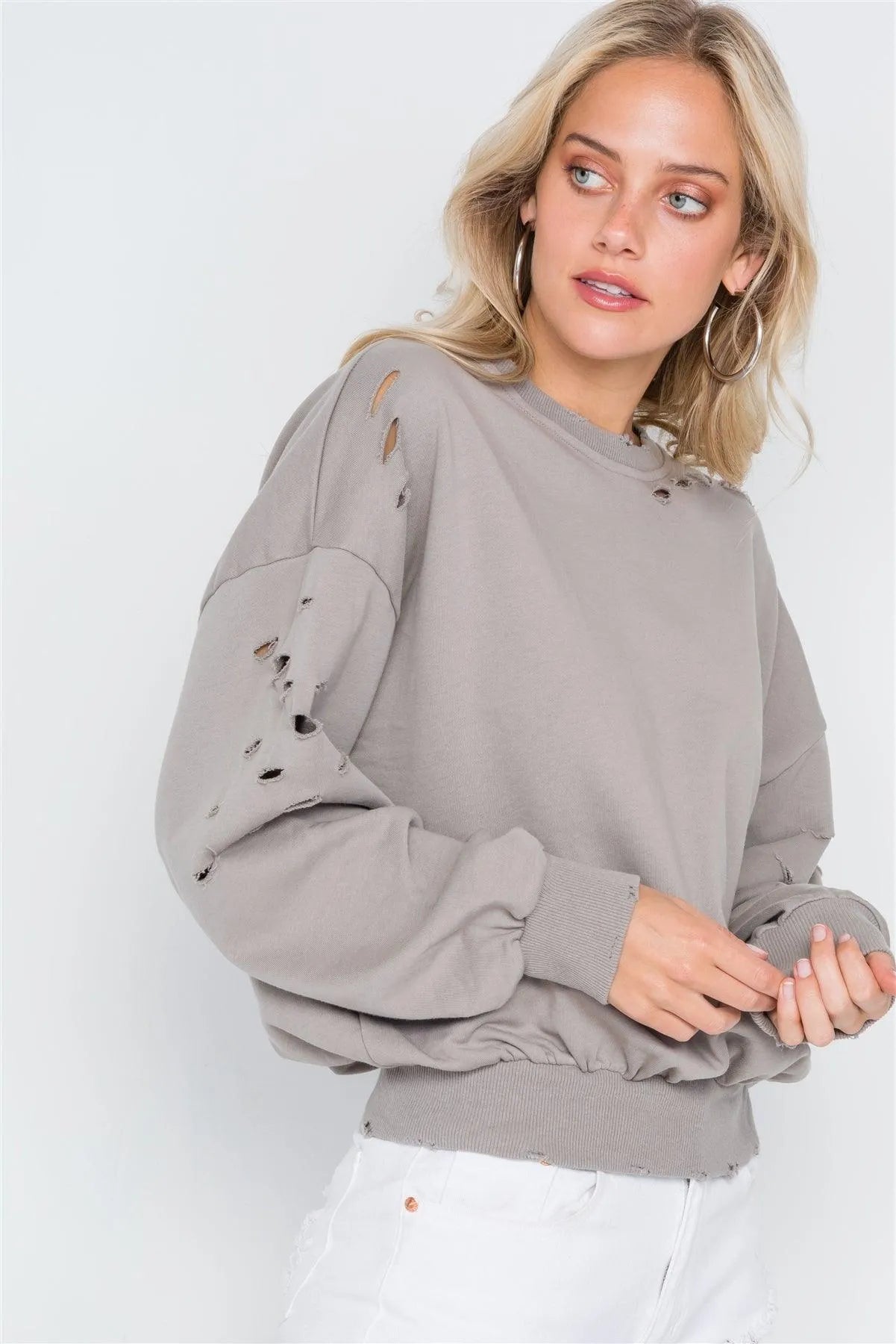 Elephant Skin Grey Distressed Long Sleeve Sweater /2-2-2 - Tasha Apparel Wholesale