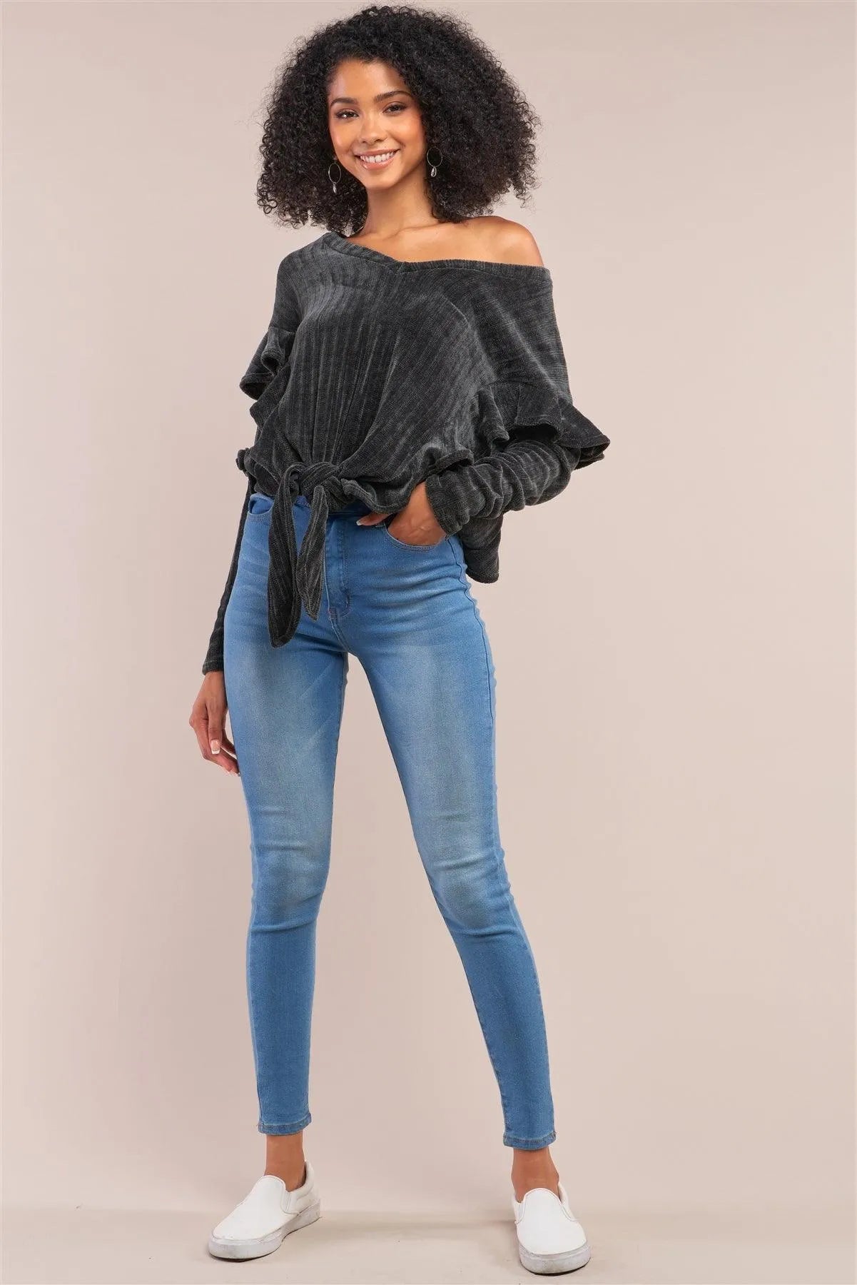 Charcoal Ribbed Plush V-Neck Long Sleeve Ruffle Trim Self-Tie Front Detail Sweater /2-2 - Tasha Apparel Wholesale
