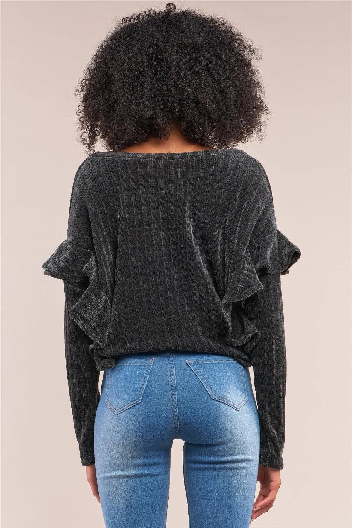 Charcoal Ribbed Plush V-Neck Long Sleeve Ruffle Trim Self-Tie Front Detail Sweater /2-2 - Tasha Apparel Wholesale