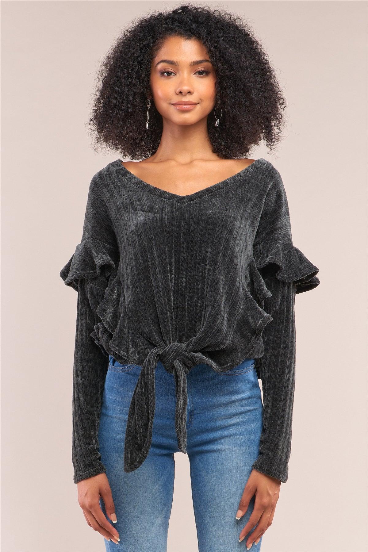 Charcoal Ribbed Plush V-Neck Long Sleeve Ruffle Trim Self-Tie Front Detail Sweater /3-2-1