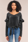 Charcoal Ribbed Plush V-Neck Long Sleeve Ruffle Trim Self-Tie Front Detail Sweater /3-2-1 - Tasha Apparel Wholesale