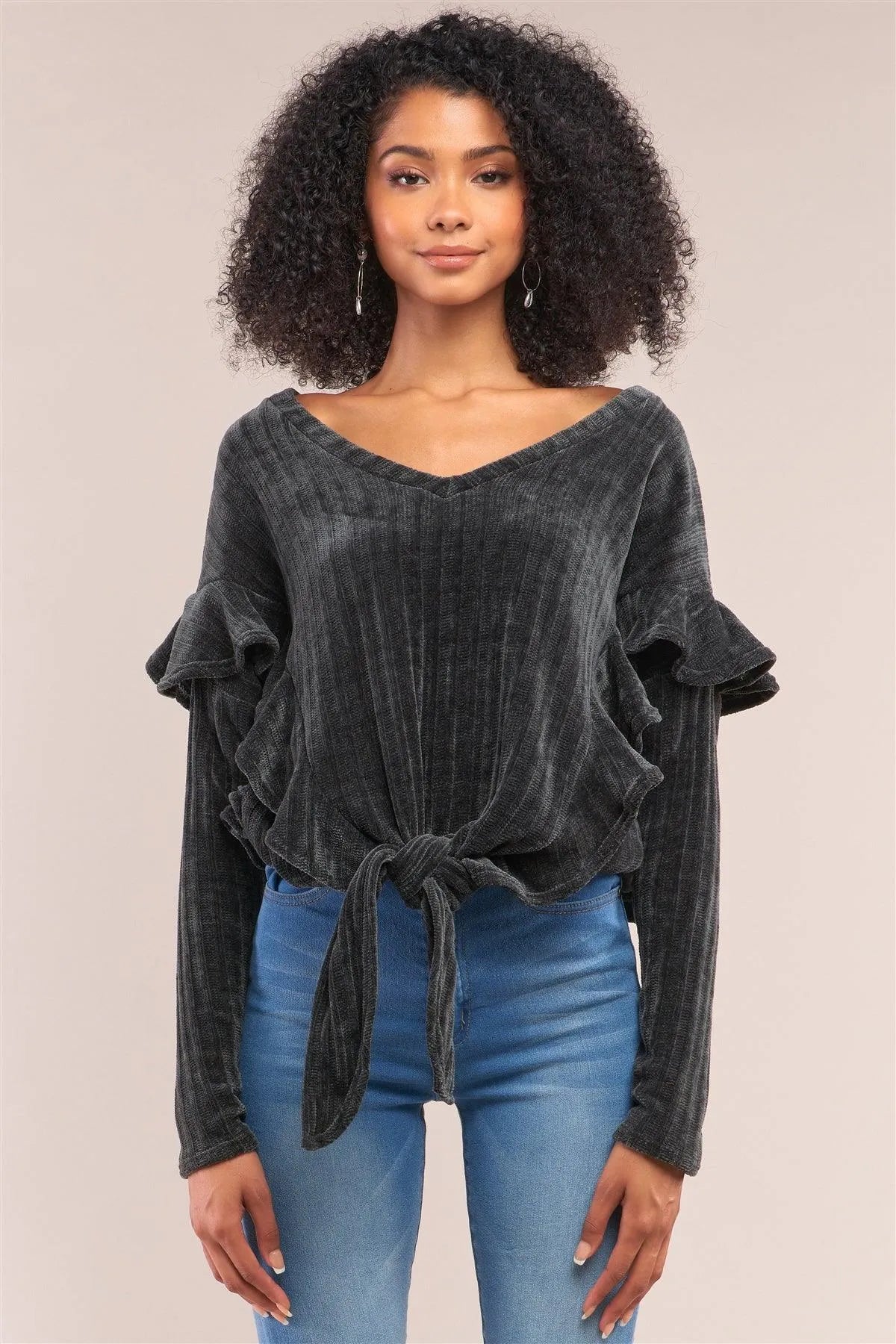 Charcoal Ribbed Plush V-Neck Long Sleeve Ruffle Trim Self-Tie Front Detail Sweater /3-2-1 - Tasha Apparel Wholesale