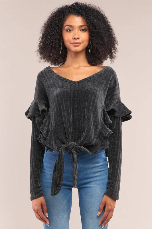 Charcoal Ribbed Plush V-Neck Long Sleeve Ruffle Trim Self-Tie Front Detail Sweater /3-2-1 - Tasha Apparel Wholesale