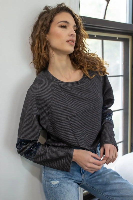 Black Ribbed Sequin Detail Long Sleeve Top /2-2-2 - Tasha Apparel Wholesale