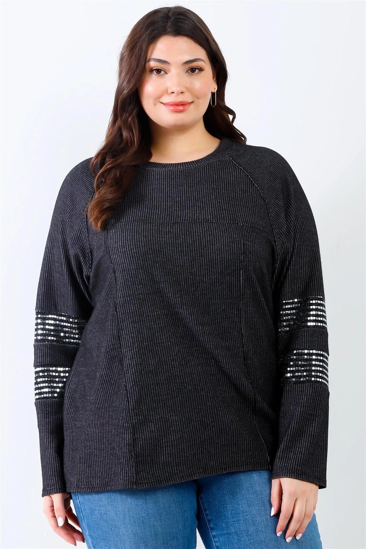Junior Plus Black Ribbed Sequin Detail Long Sleeve Top /2-2-2 - Tasha Apparel Wholesale