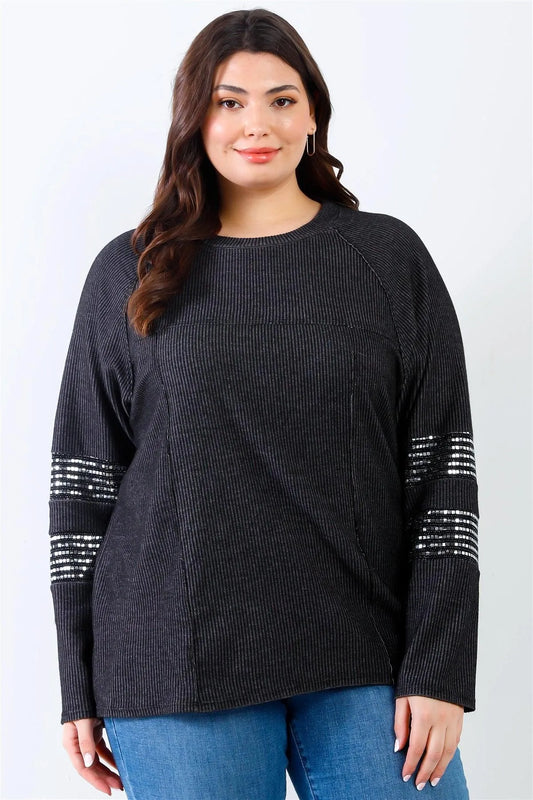 Junior Plus Black Ribbed Sequin Detail Long Sleeve Top /2-2-2 - Tasha Apparel Wholesale