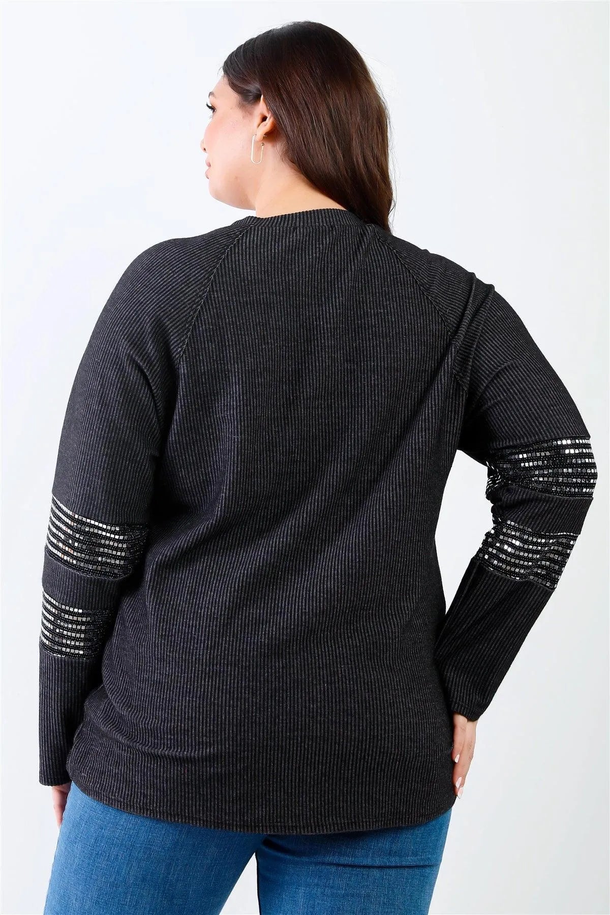 Junior Plus Black Ribbed Sequin Detail Long Sleeve Top /1-3-2 - Tasha Apparel Wholesale