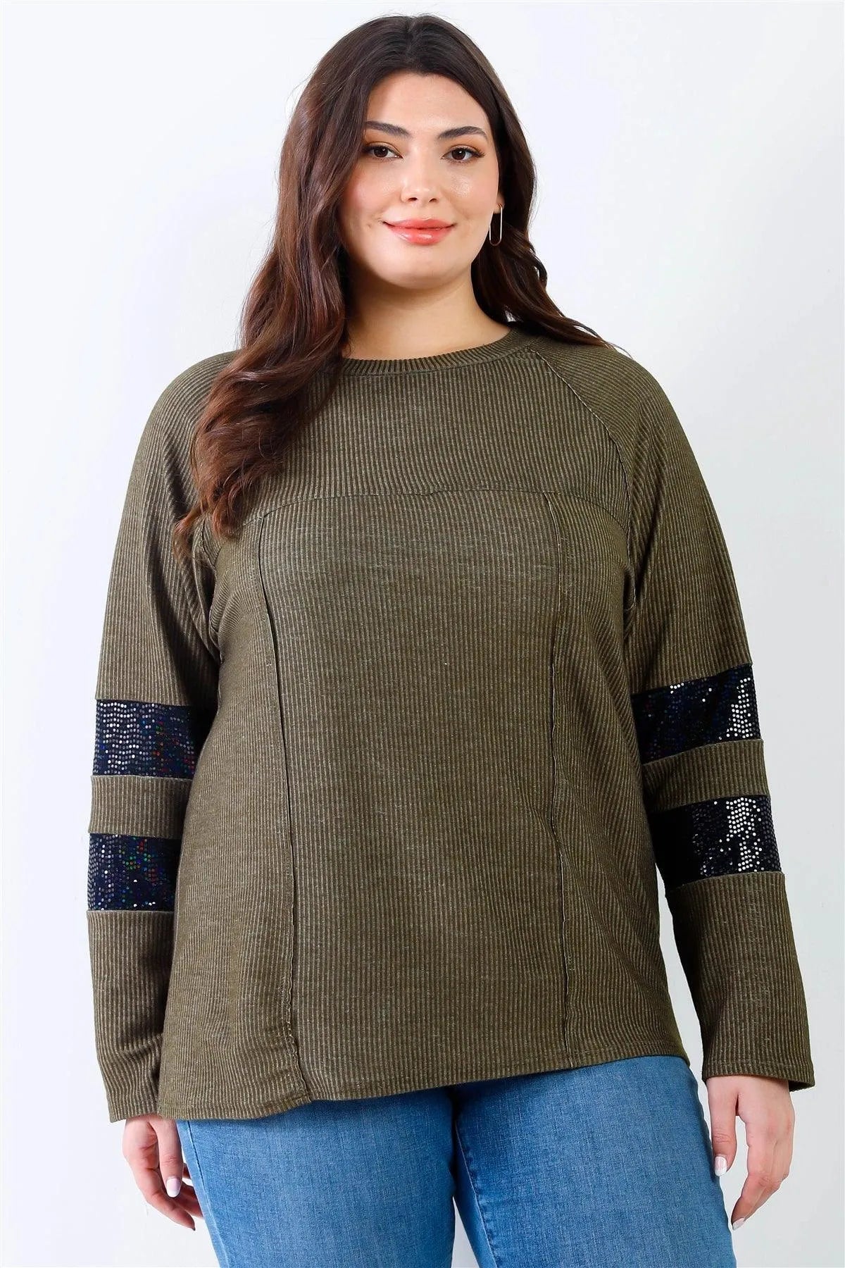 Junior Plus Olive Ribbed Sequin Detail Long Sleeve Top /1-2-2 - Tasha Apparel Wholesale