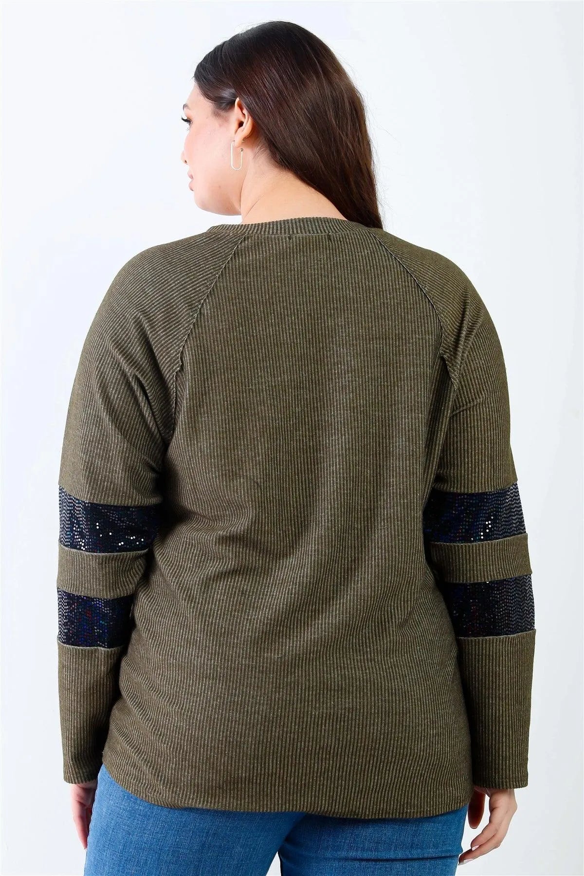 Junior Plus Olive Ribbed Sequin Detail Long Sleeve Top /1-2-2 - Tasha Apparel Wholesale