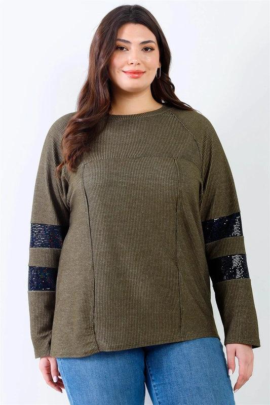 Junior Plus Olive Ribbed Sequin Detail Long Sleeve Top /2-2-2 - Tasha Apparel Wholesale