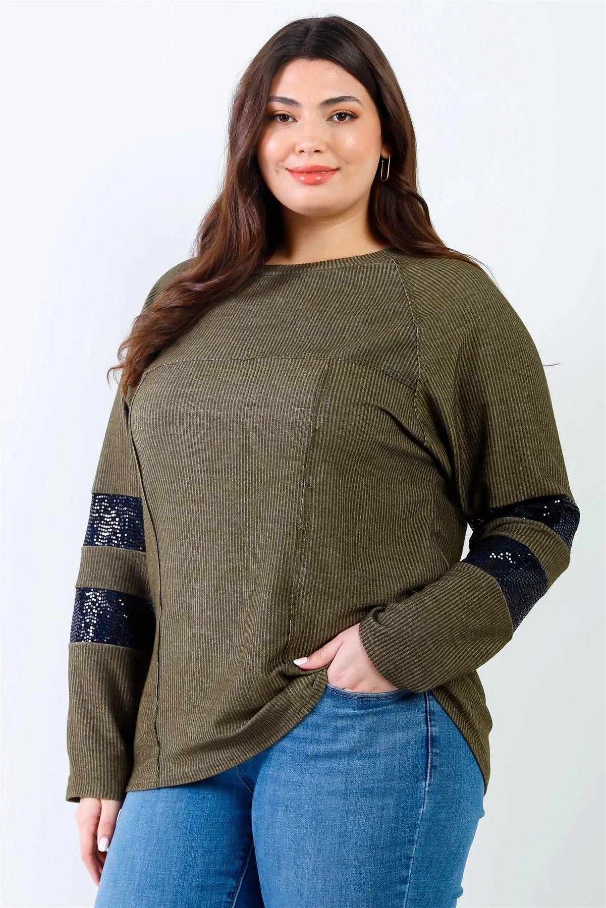 Junior Plus Olive Ribbed Sequin Detail Long Sleeve Top /2-2-2 - Tasha Apparel Wholesale