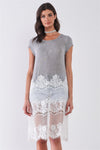 Heather Grey & White Sheer Crochet Mesh Combo Raw Hem Detail Tunic Midi Dress /1-2-2-1