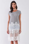 Heather Grey & White Sheer Crochet Mesh Combo Raw Hem Detail Tunic Midi Dress /1-2-2-1 - Tasha Apparel Wholesale